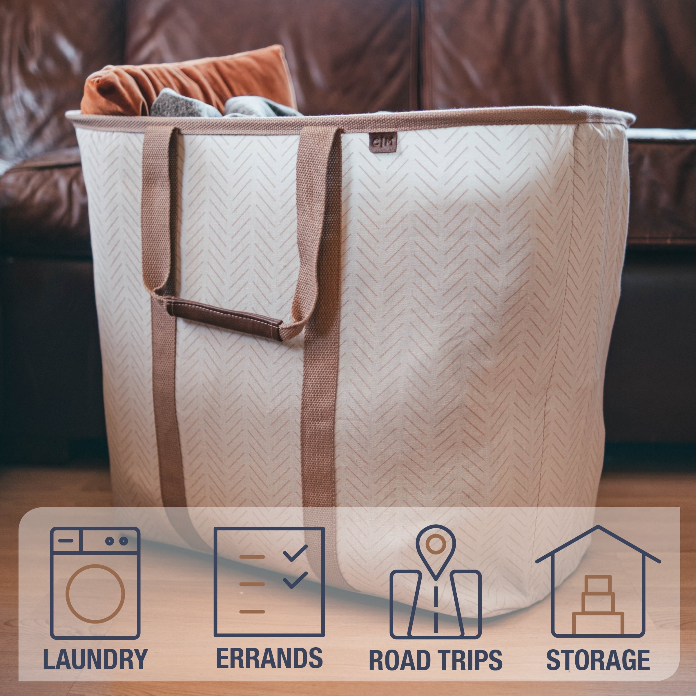 CleverMade Collapsible Fabric Laundry Hamper Premium, Cream Herringbone, 2 Pack