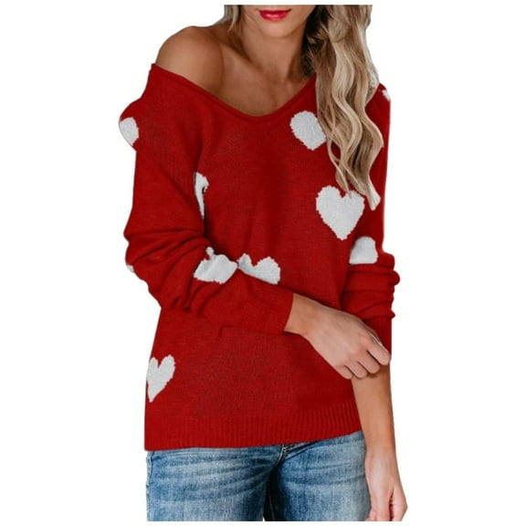 Aoochasliy Womens Sweaters Pullover Clearance Oversized V Neck Love Printing Casual Loose Knit Tops