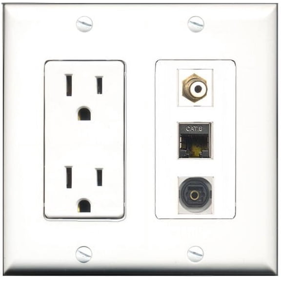 RiteAV - 15 Amp Power Outlet 1 Port RCA White 1 Port Shielded Cat6 Ethernet Ethernet 1 Port Toslink Decorative Wall Plate