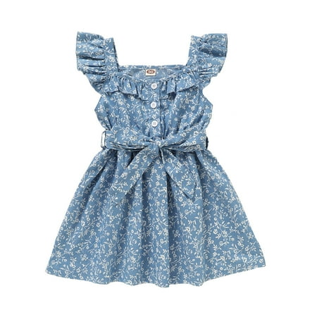 

KIMI BEAR Toddler Girls Dress 3T Toddler Girls Spring Summer Dress 4T Toddler Girls Sweet Lace Trims Floral Prints Shirred Waist Fly Sleelve Denim Dress Blue