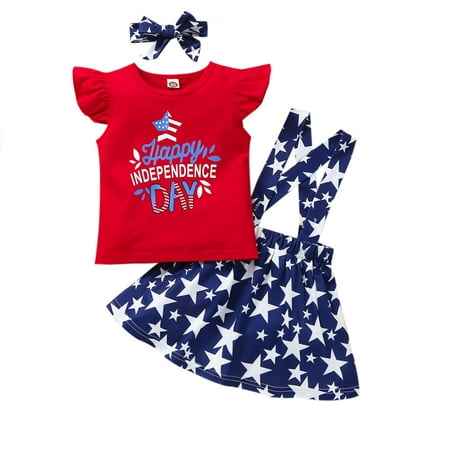 

YWDJ 18Months-6Years Fourth of July Girls Outfit Set Toddler Kid Independence Day Tops Strap Skirt Headband Set Red 100