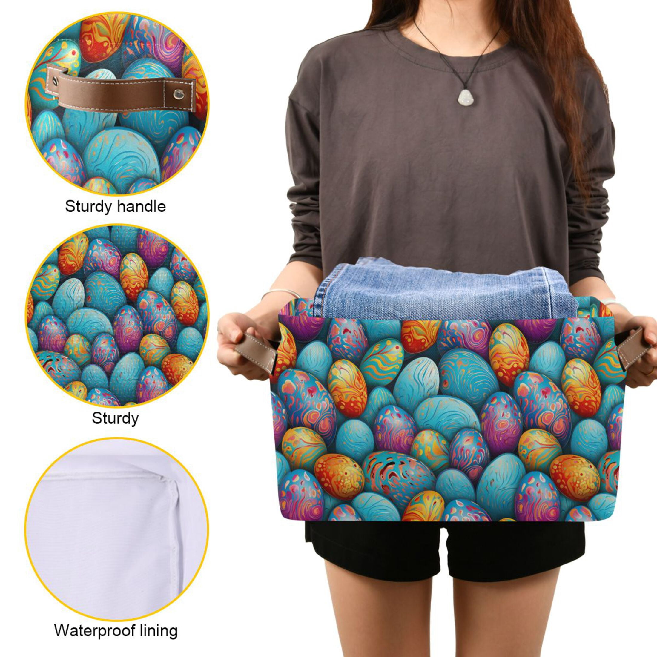 Easter Eggs with Abstract Flowers Storage Bins with Handle Fabric Organizer Basket Foldable Box 2 Pack 14.2x10.2x8.3