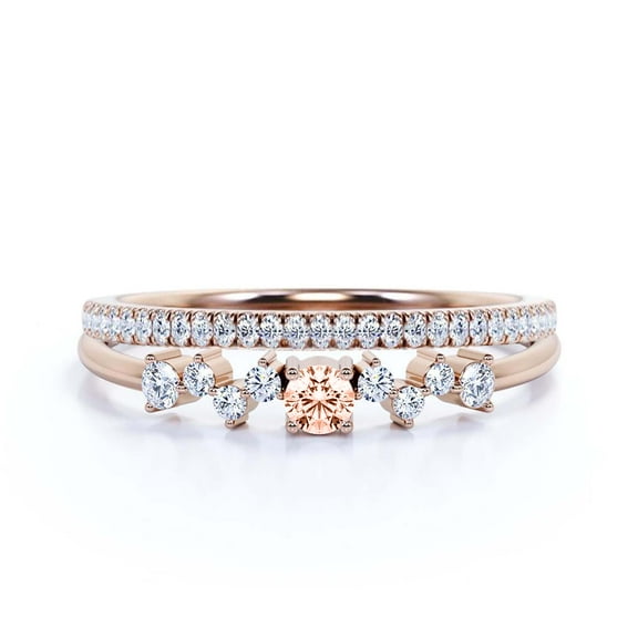 ZigZag Style 1.10 Carat Round Cut Morganite And Diamond Moissanite Unique Style Engagement Ring, Slim Ring, Wedding Ring in 925 Sterling Silver With 18k Rose Gold Plating, Bridal Set, Matching Band