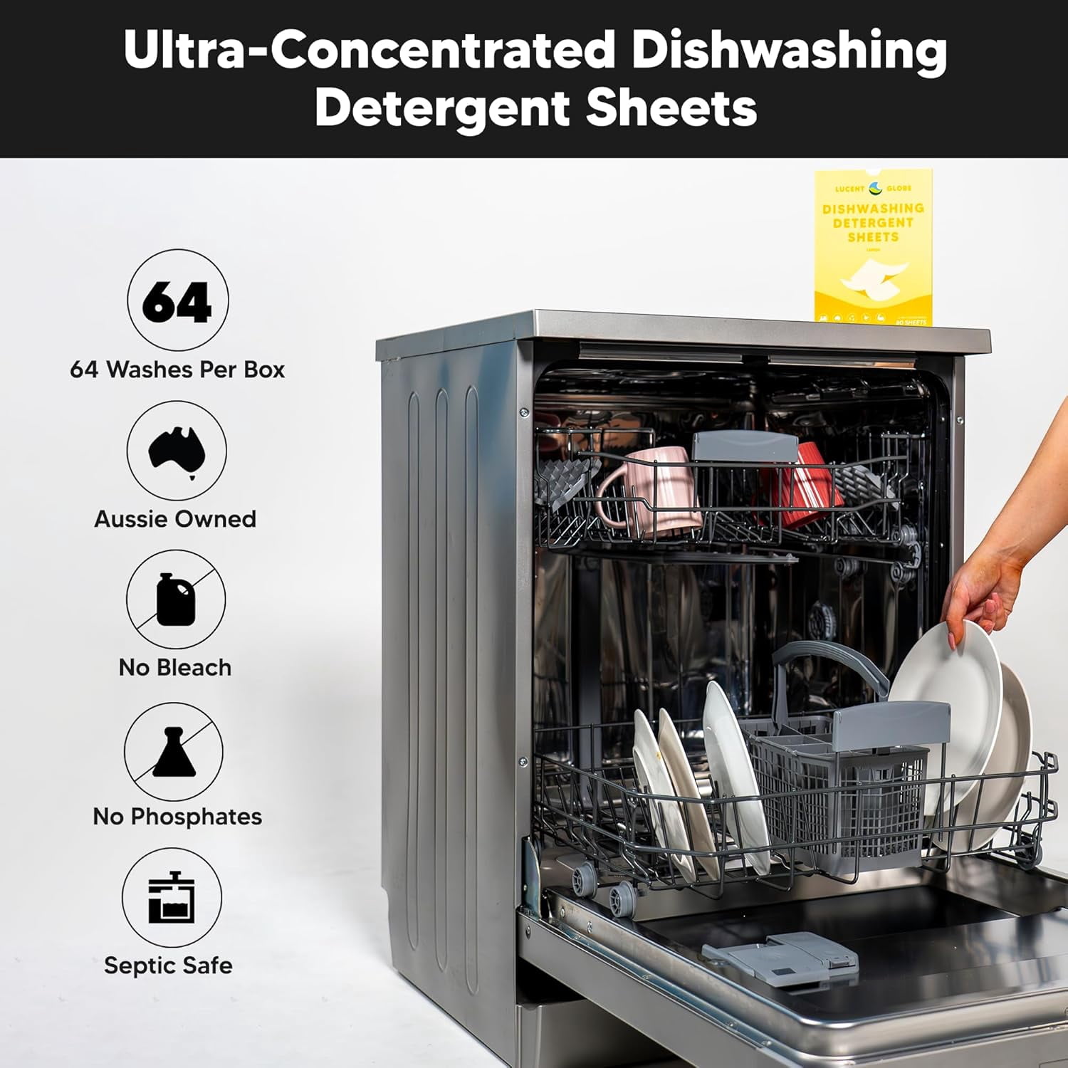Dishwasher Dishwashing Detergent Sheets, Dish Soap & Tablets Alternative. Plant-Based, Eco-Friendly, Fully Biodegradable, Lemon Scent (1 Pack of 64 Washes)