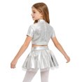 thumbnail image 2 of Aiihoo Kids Girls Jazz Dance Performance Outfit Mock Neck Short Sleeve Sequins Metallic Shirt Crop Top with Shiny Tutu Skirt Streetwear Silver 14, 2 of 6