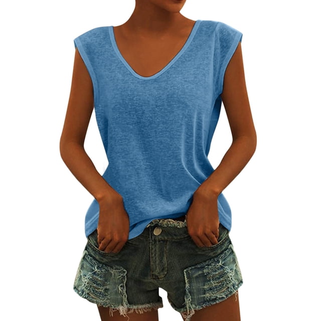 MIASHUI Débardeurs Décontractés pour Femmes Tendance à Col en V Sans Manches Coupe Ample, Bleu, TG