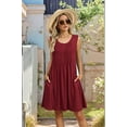 thumbnail image 5 of Loose Beach Vacation Casual Crew Neck Sleeveless Sundresses with Pockets Tank Dress Wine Red S, 5 of 10