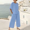 thumbnail image 2 of TAGOLD Womens Capris Jumpsuit Solid Color Short Sleeve Round Neck Top Long Pants Set, 2 of 5