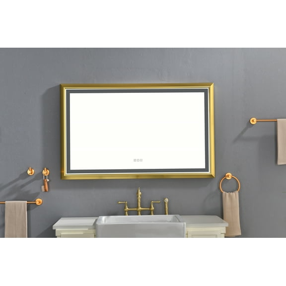 Sumdeal Mirror Vanity Mirror 48"X30" Rectangular Aluminum Framed Anti-Fog LED Lighted Wall Bathroom Vanity Mirror with Lights,Gold