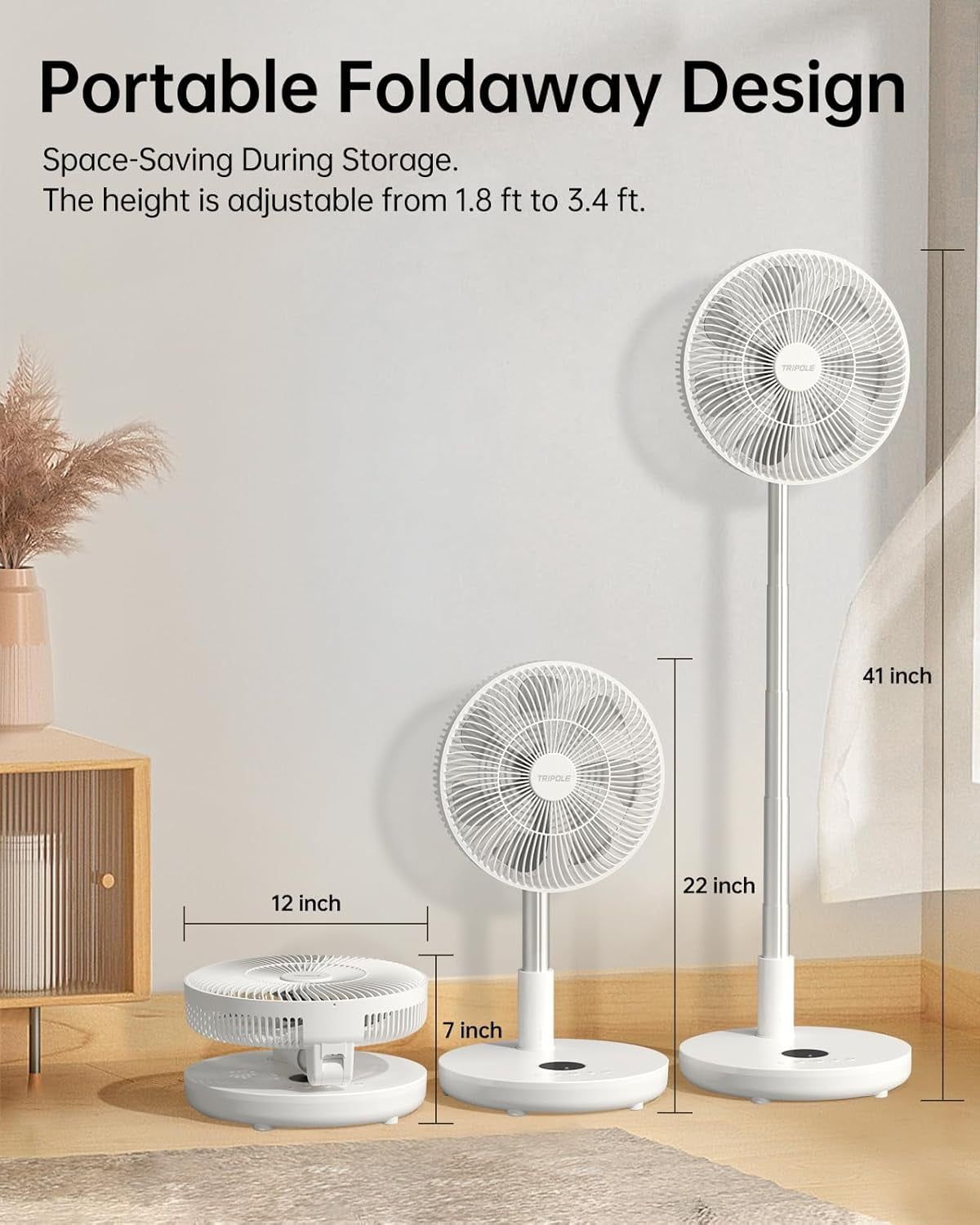 Portable Oscillating Standing Fan with Remote, Quiet 12" Rechargeable Pedestal Fan for Bedroom Office, Foldable Battery Powered Travel Fan, Adjustable Height, 8H Timer, 6 Speeds, 44.4Wh