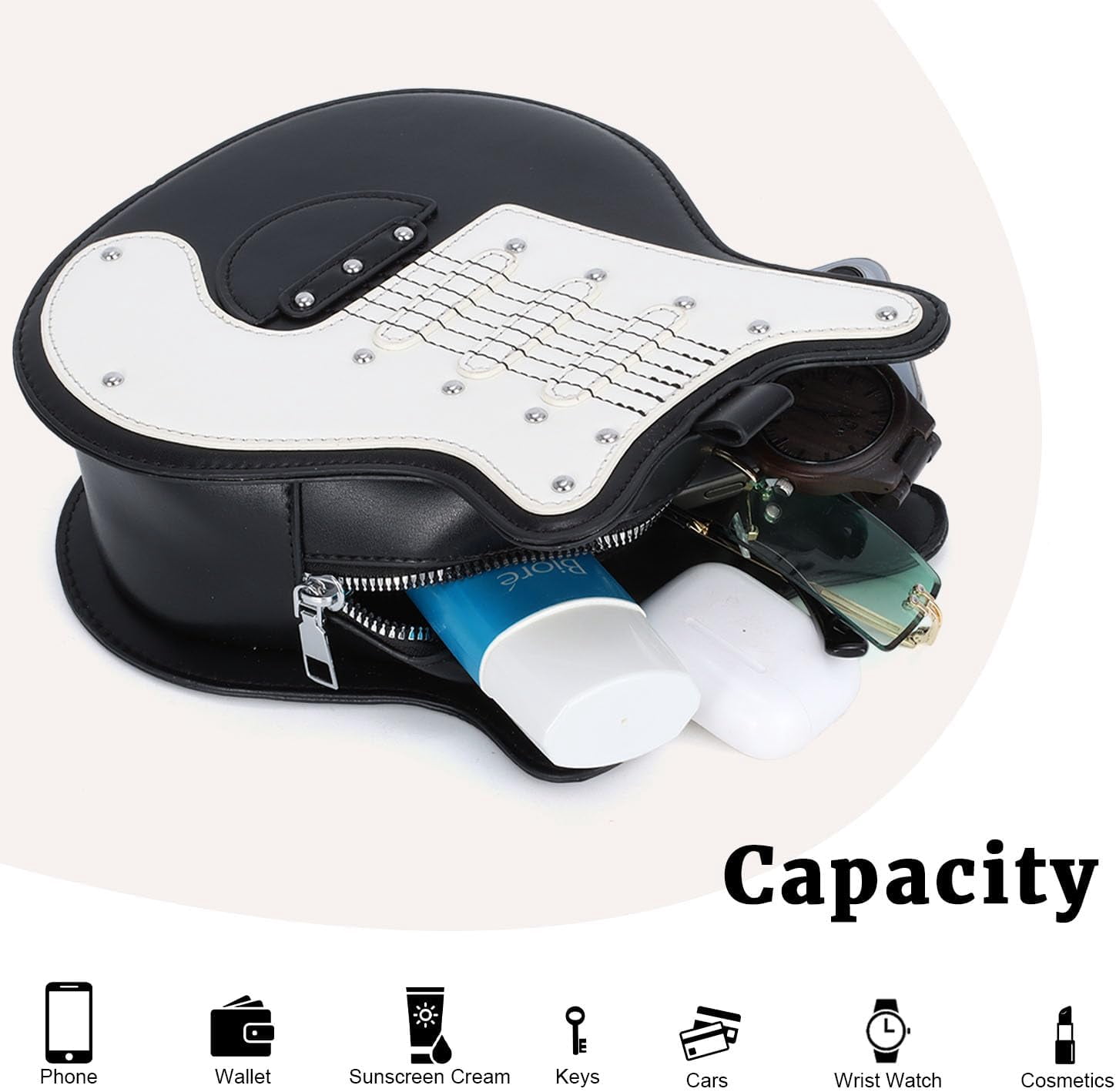 Guitar Shaped Shoulder Bag for Women Rivet Creative Crossbody Handbag Music Crossbody Tote
