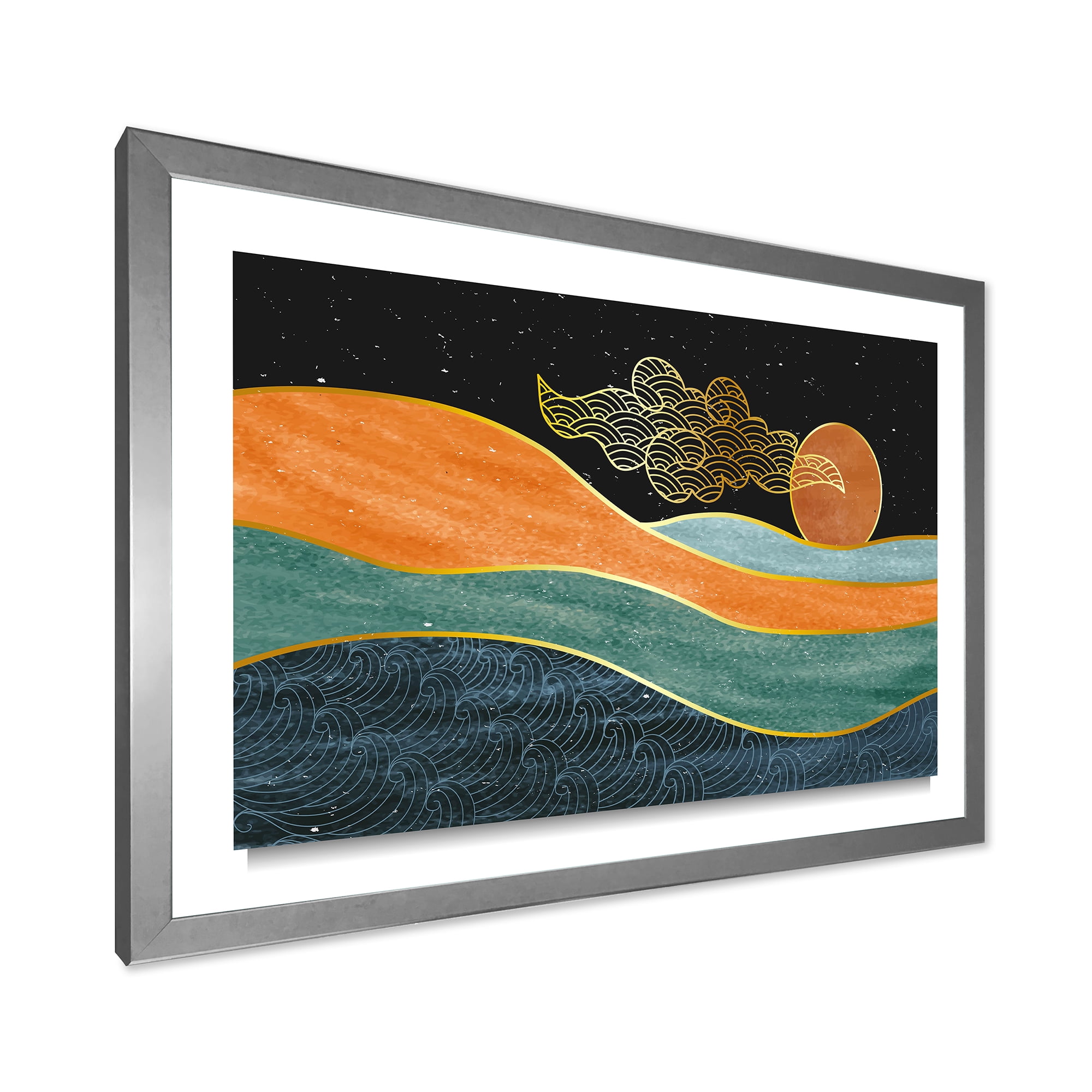 Designart 'Abstract Nature Sea Sun Sky Mountain Landscape' Modern Framed Art Print