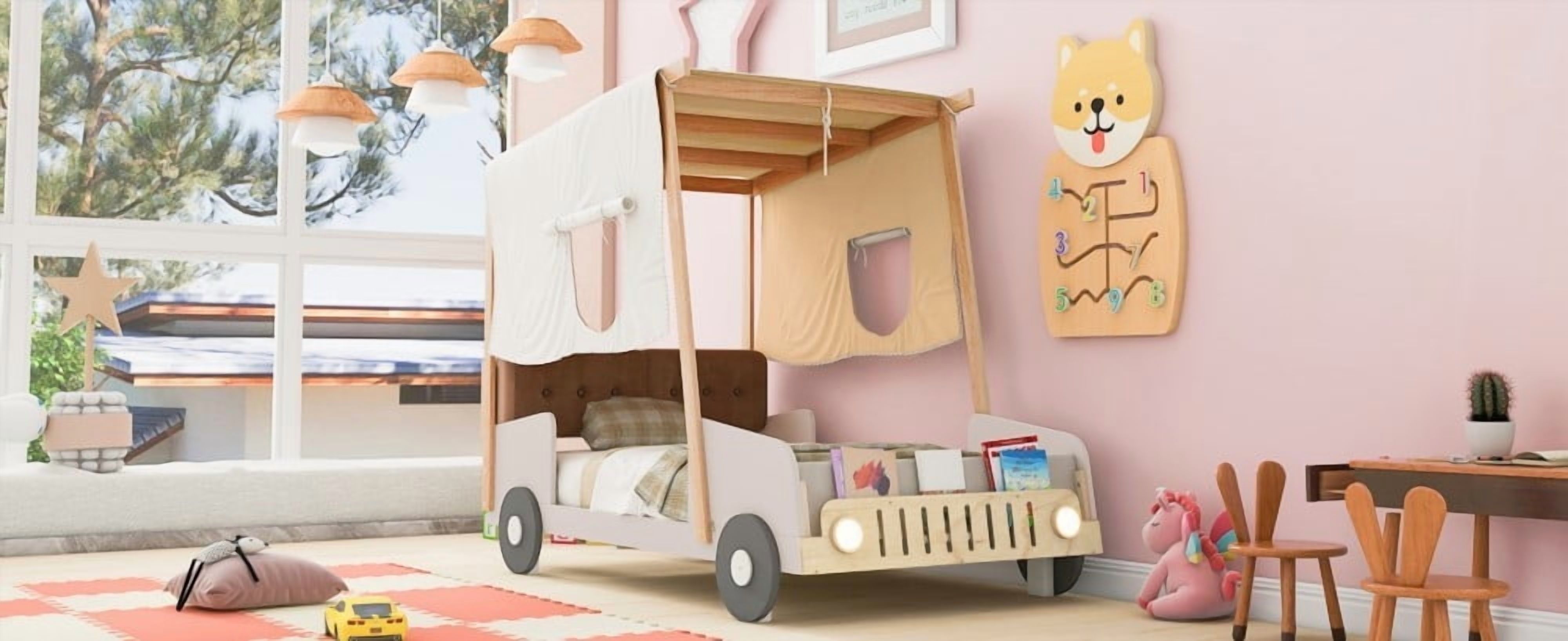 Wood Twin Size Car Bed with Pillow & LED - Sturdy & Fun
