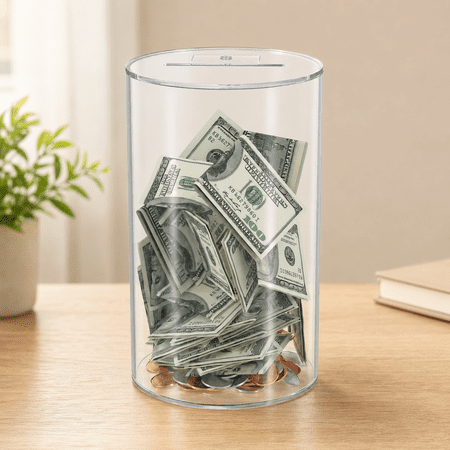 NIUBEE Acrylic Piggy Bank, 10" H * 6" Diameter, Clear, Break-to-Open Design for Secure Savings - Ideal for Kids, Adults, Boys, Girls, Perfect for Gifts, and Financial Education