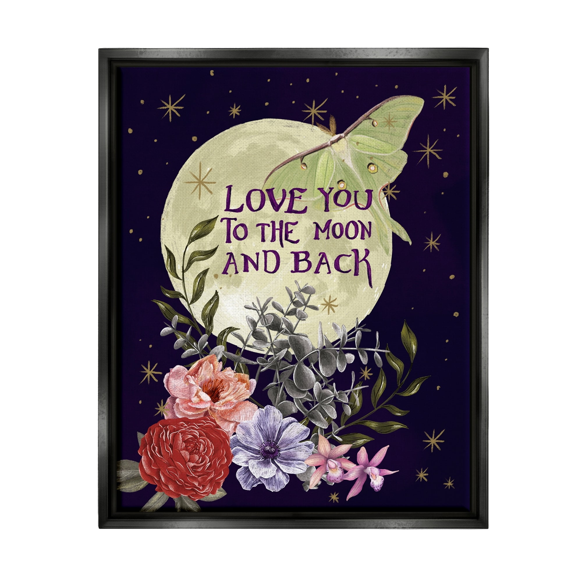 Stupell Industries Love You Moonlit Night Sky Luna Moth Flowers Graphic Art Jet Black Floating Framed Canvas Print Wall Art, Design by Raquel Maciel