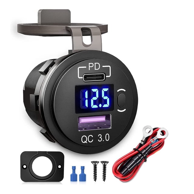 36W Dual USB Car Charger Socket with QC3.0 & PD Fast Charging, 12-24V DC Compatible for Vehicle/Truck/Motorcycle, LED Voltmeter, Touch Switch, Waterproof Cover, Overcurrent/Overheat Protection -