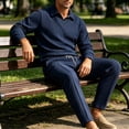 thumbnail image 5 of Men's Hoodie Tracksuit 2 Pieces Set Ndbuld Men's Diamond- Textured Lapel Solid Color Casual Sports Suit Men's Spring And Loose Drape Versatile Two-piece Set For Work And Fitness Navy,L, 5 of 8