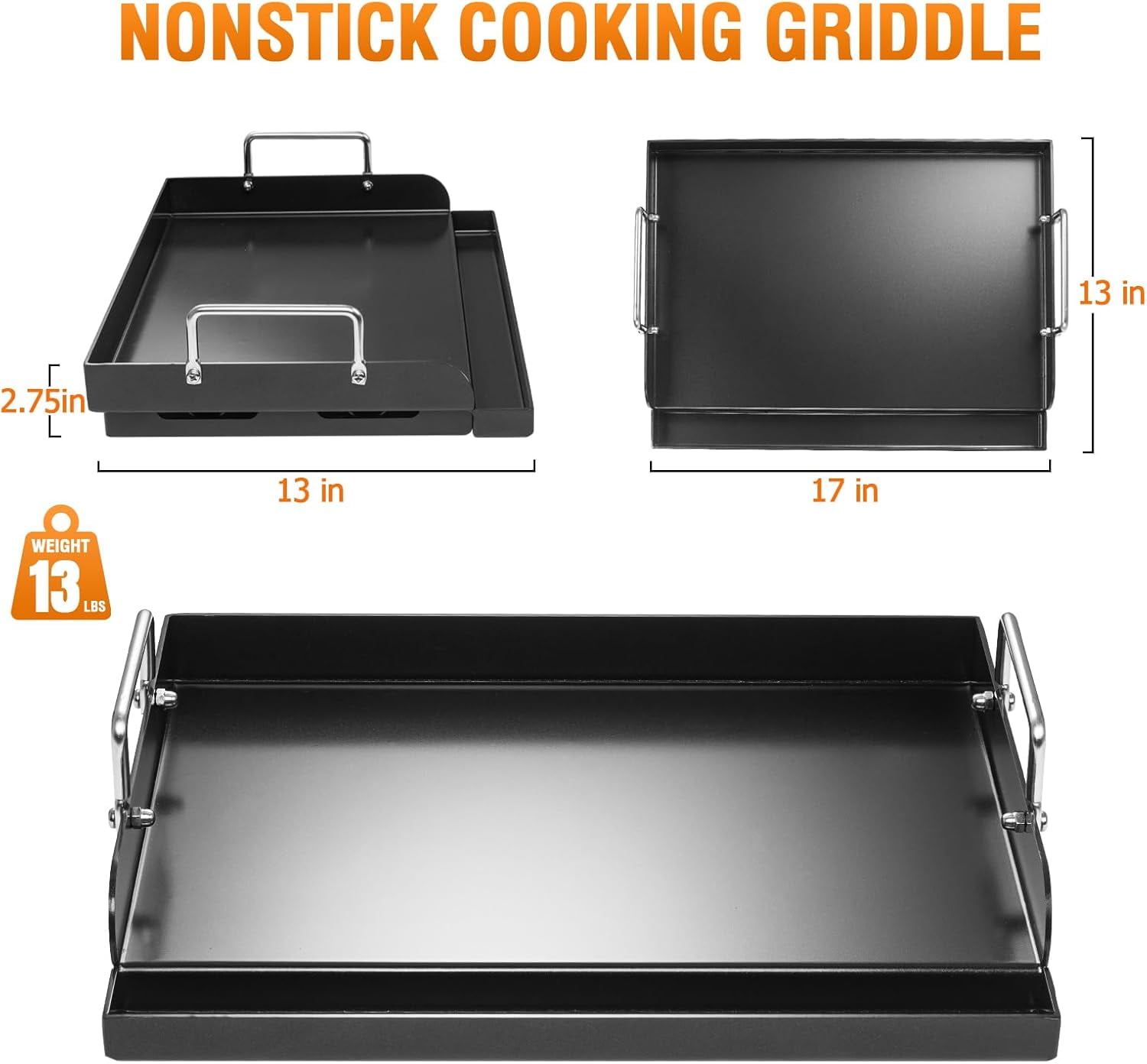17" x 13" Nonstick Coating Cooking Griddle for Gas Grill, Universal Griddle Flat Top Plate Insert with Grease Groove and Removable Handles for Charcoal/Gas Grills, Camping, Tailgating, Parties