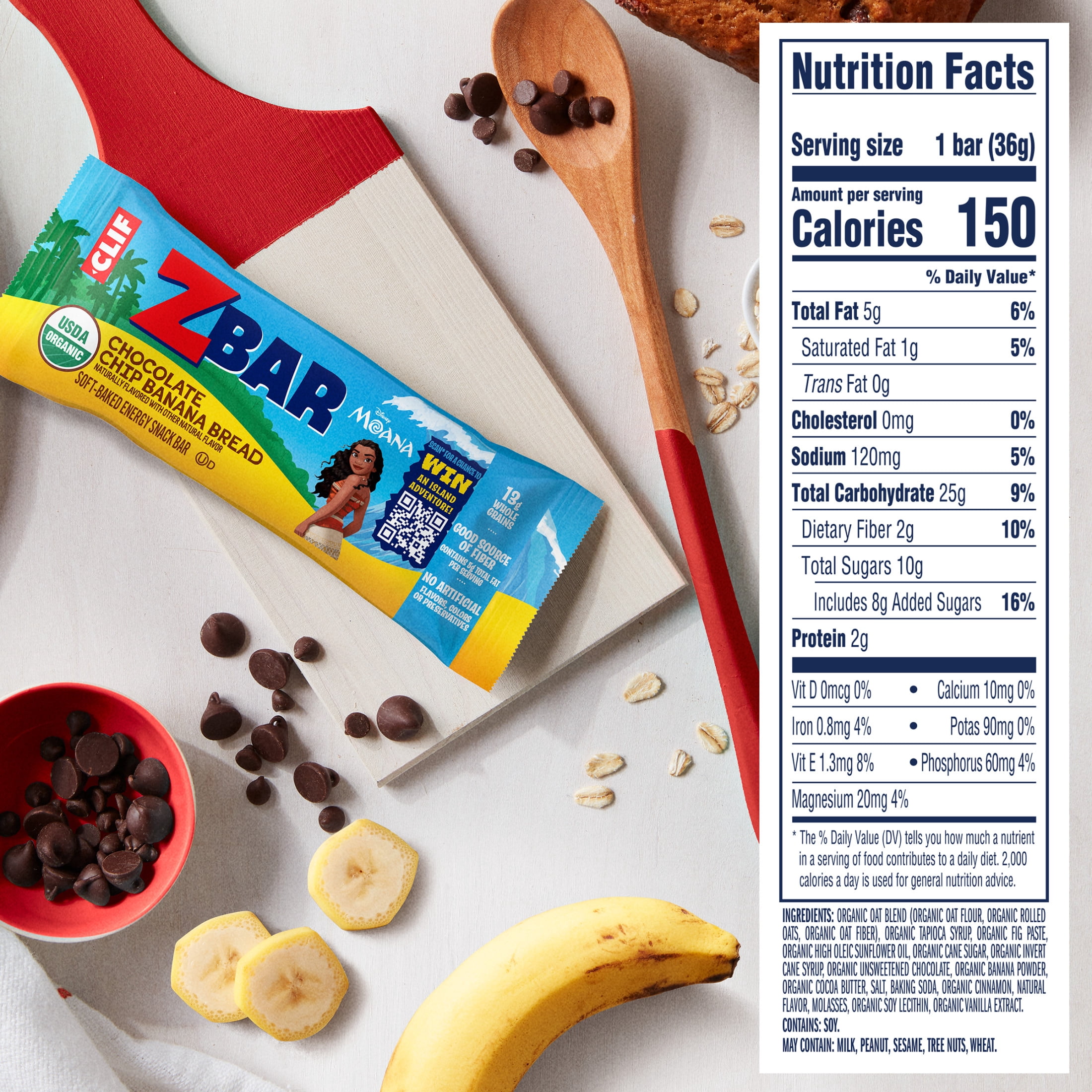 Zbar Moana Chocolate Chip Banana Bread Soft-Baked Energy Snack Bars, Organic Granola Bars, 6ct