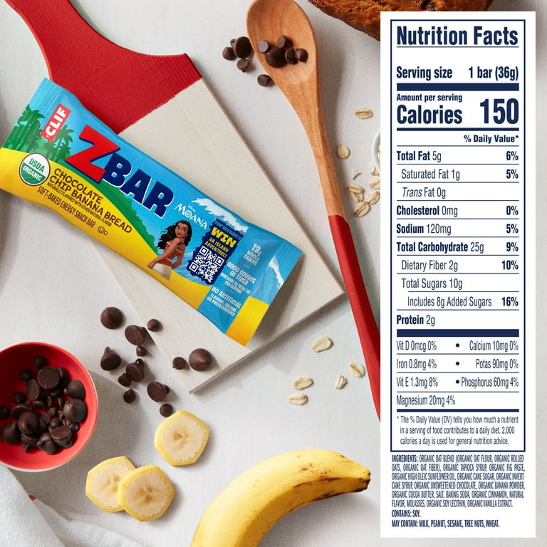 Zbar Moana Chocolate Chip Banana Bread Flavor Soft Baked Snack Bars, Organic Granola Bars, 6ct