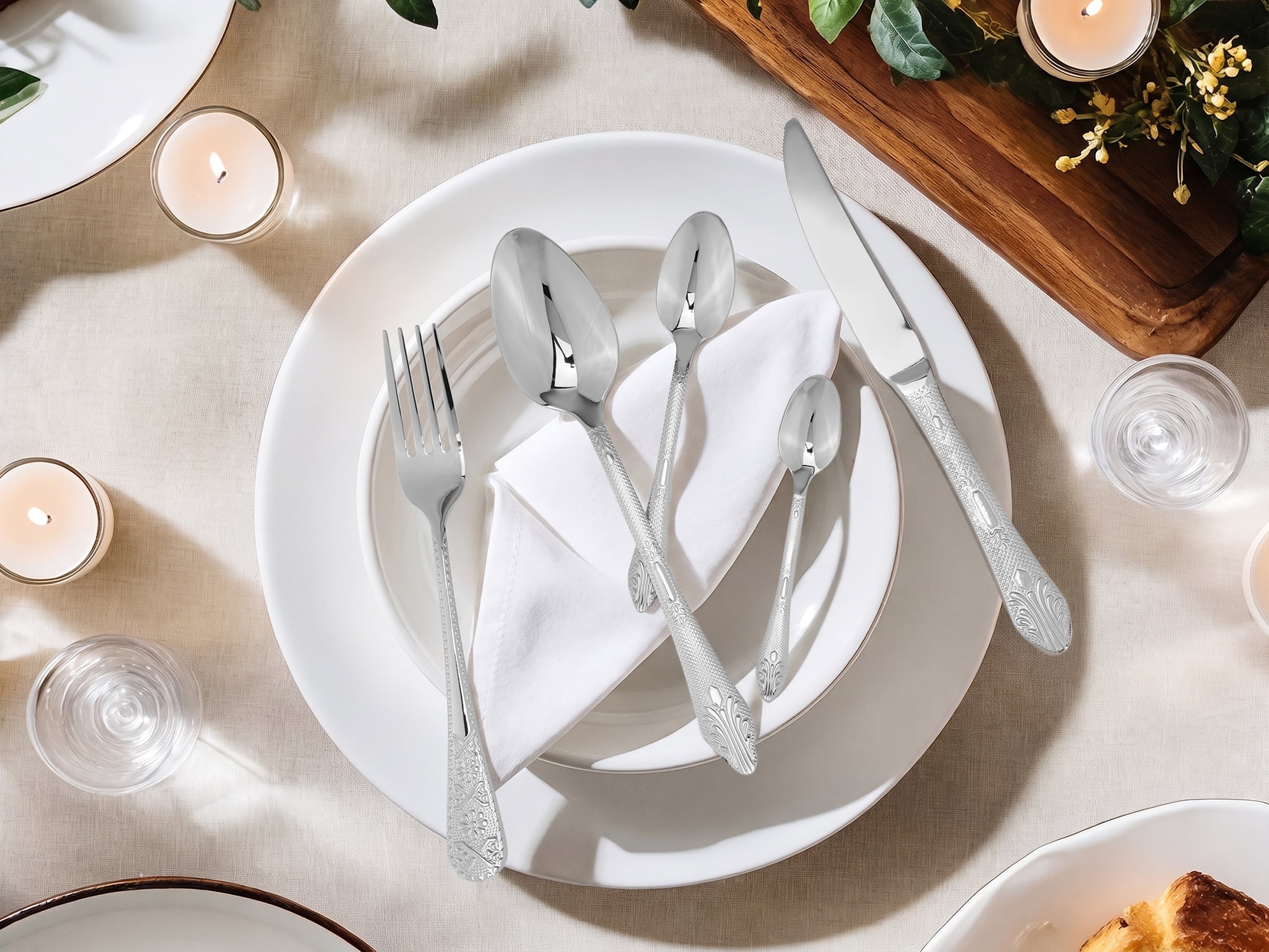 Unique Bargains 20Pcs Stainless Steel Floral Flatware Set For 4 Silver