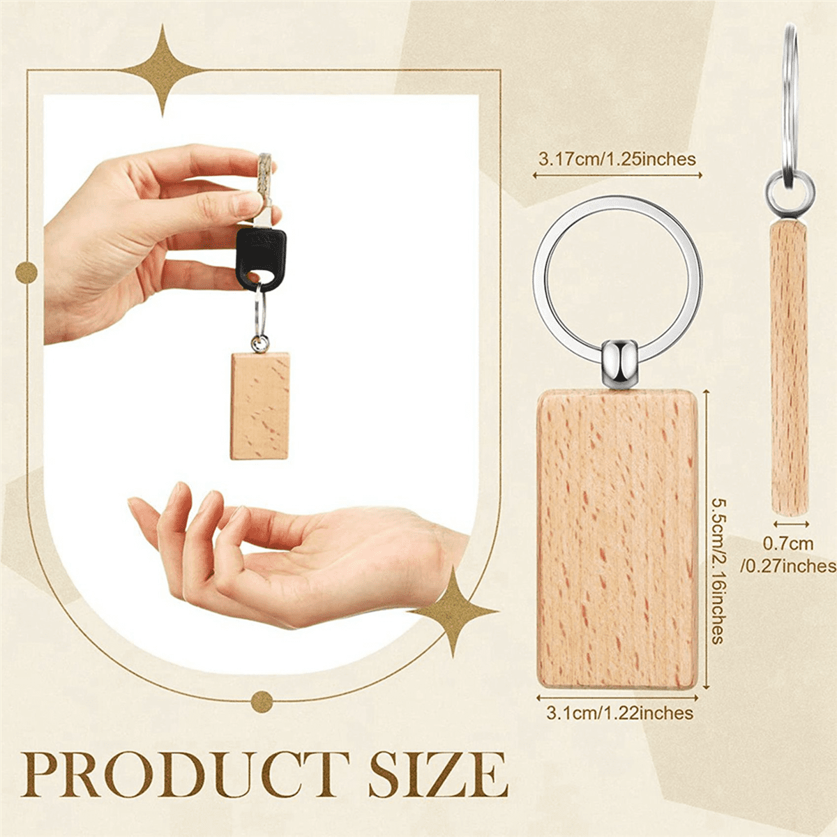 300Pieces Wooden Keychain Blanks Bulk Rectangle Wood Engraving Blanks Unfinished Wooden Key Ring Key Tag A