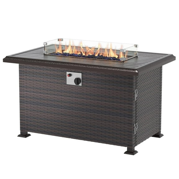 ASJMR 43" Outdoor Rattan Fire Pit Table,55000 BTU Propane Fire Pit Table With Wind Guard & Metal Lid