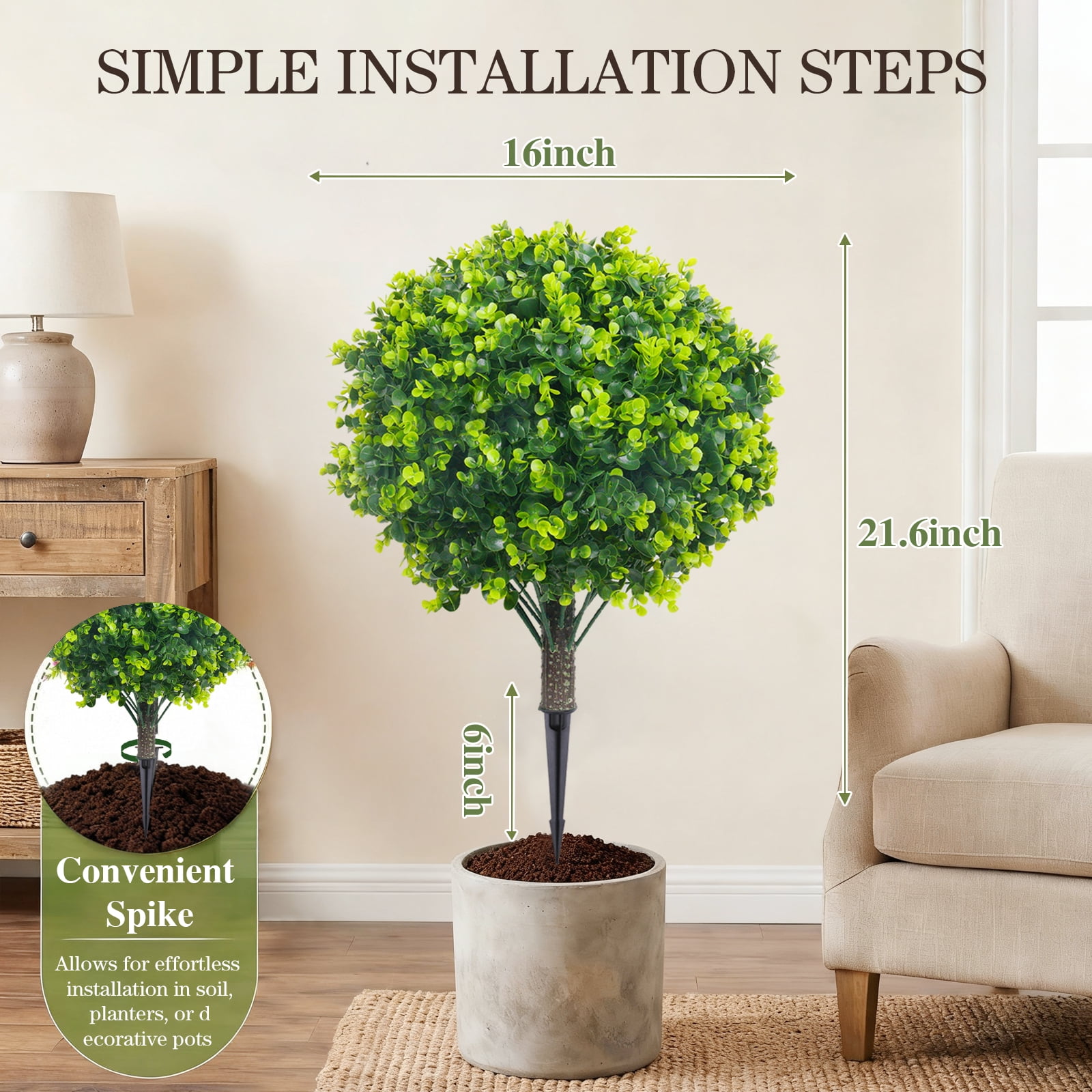THE BRIVE 21.6 Inch Artificial Green Topiary Ball Trees, 2 Set of UV Resistant Fake Shrubs Bushes Plants with Ground Spike, Fake Plants for Outdoor Indoor Front Porch Garden