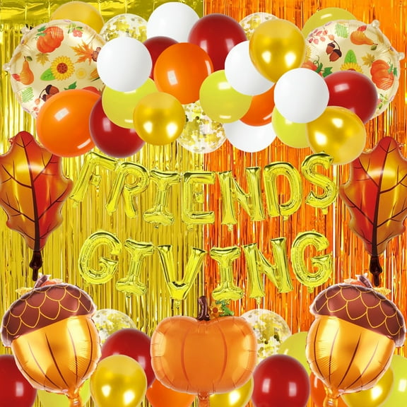 Friendsgiving Party Decorations Thanksgiving Decorations Gold Friendsgiving Foil Balloons Banner,Gold Orange Fringe Curtain,Pumpkin Nuts Leaf Foil Balloons For Thanksgiving Friendsgiving Fall Party
