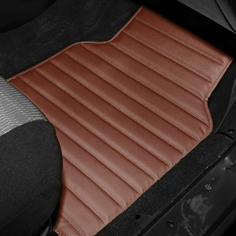 FH Group Universal Floor Mats for Cars Leather Stripe Design for Auto Brown w/ Gift