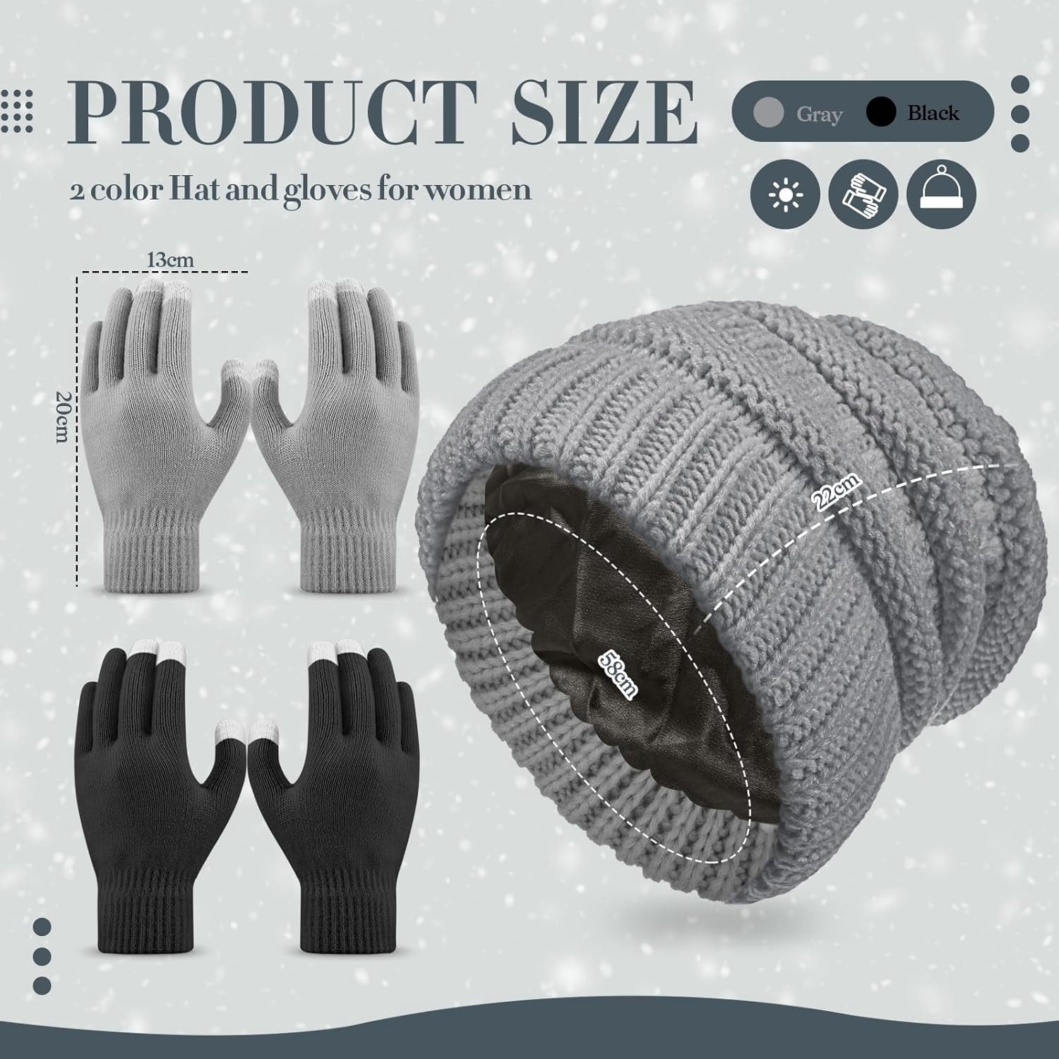 2 Sets Winter Hat and Gloves for Women, Satin Lined Hats for Women Touchscreen Gloves Slouchy Knit Beanies Set