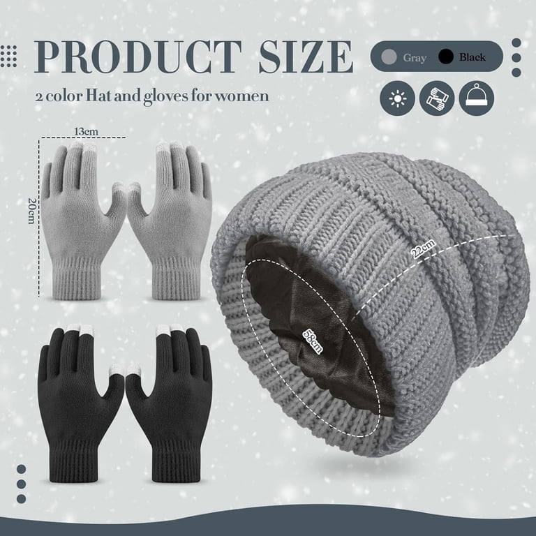 Satin Lined Beanie Hat and Gloves Set Knit Slouchy Winter Skull Cap Touchscreen Womens Winter Warm Knit Beanie Hat Touchscreen Gloves Neck  main image 4