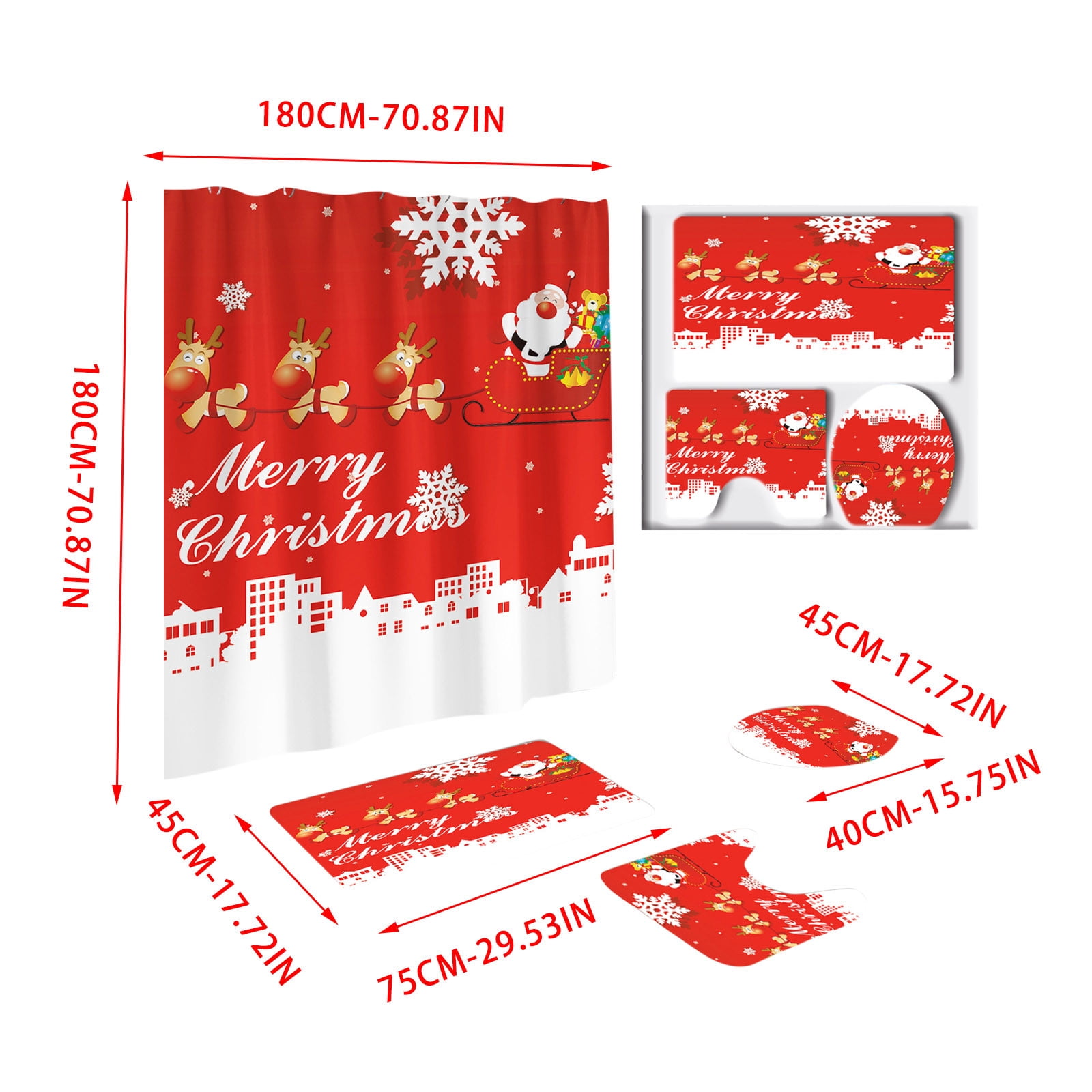 Tyidzon 4Pcs Christmas Shower Curtain Set with Non-Slip Bathroom Rugs Toilet Lid Cover U-Shaped Mats for Home Bathroom Xmas Decor, Waterproof Shower Liner 71x71"