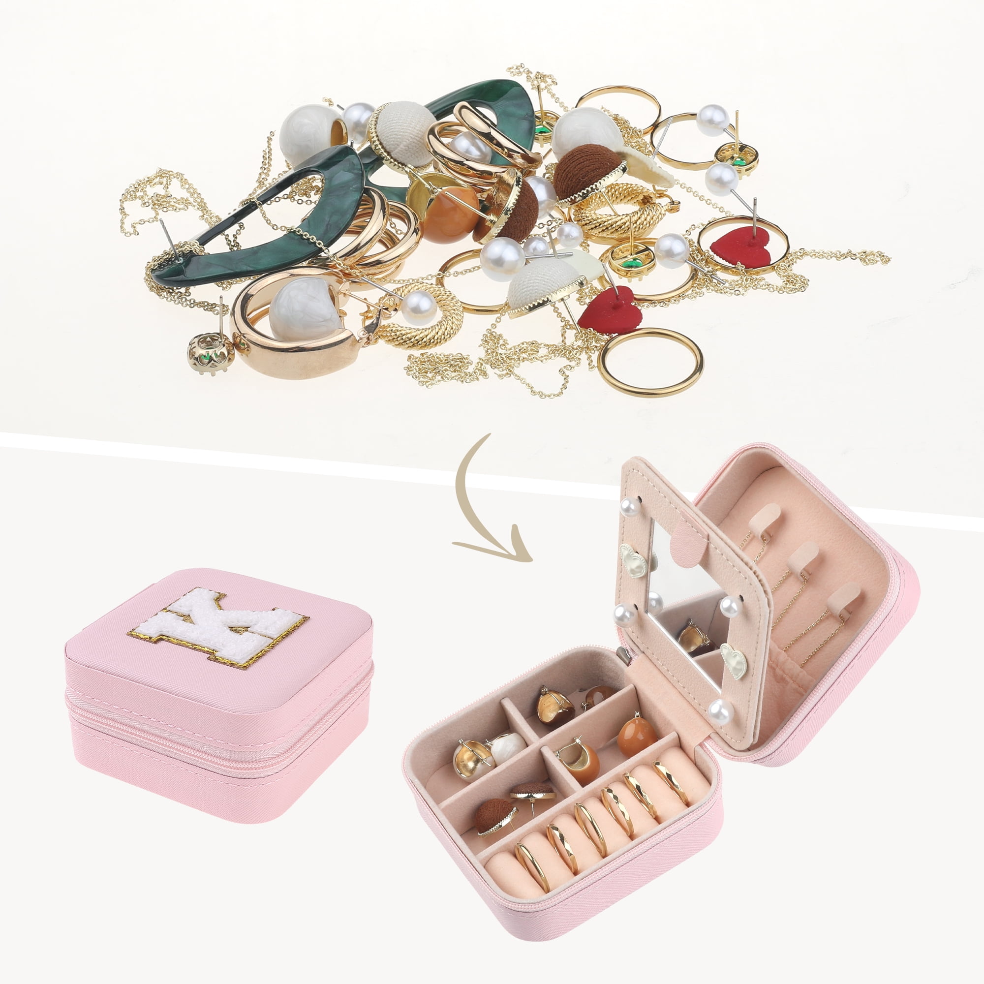 Unique Bargains Jewelry Boxes with Mirror Mini Portable PU Leather Jewelry Organizer Case Pink Letter K