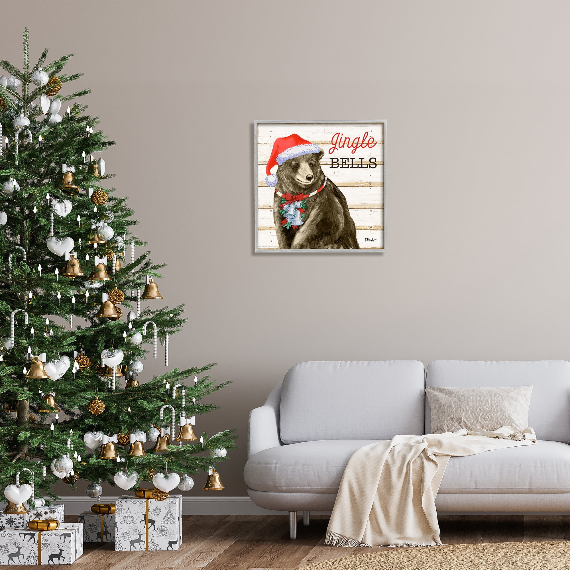Stupell Industries Rustic Jingle Bells Bear Holiday Painting Gray Framed Art Print Wall Art, 24 x 24