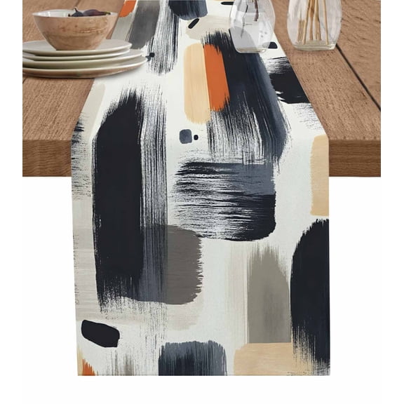 ERUNPONLY Black Geometric Table Runner - 70 Inch Long Beige Abstract Minimalist Artwork Cotton and Linen Blended Dress Scarves Farmhouse Table Runner for Kitchen Dining, Coffee Table, 13" x 70"