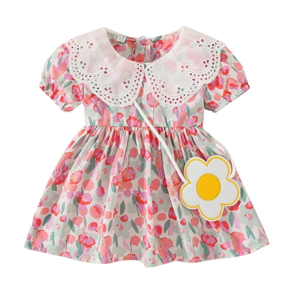 Girls Dresses 2 Piece Floral Print Lapel Short Sleeve Lace Trim Dress And Bag Set for Daily Dress Up Girls Dress Pink 2 Years-3 Years