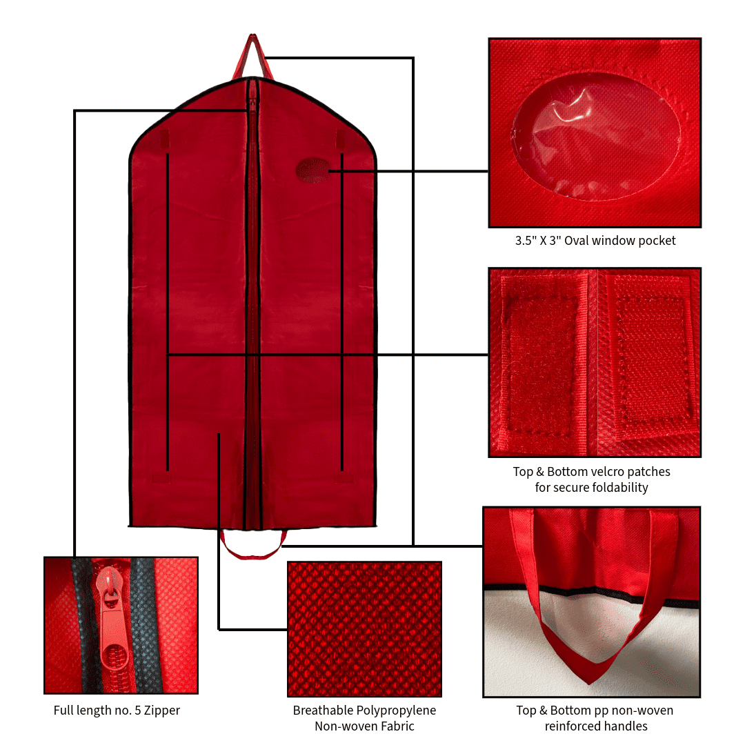 60'' Breathable Red (Gussted) PP Non Woven Garment Bag (Window & Shoe Pocket) - 1 Count - Basic LTD