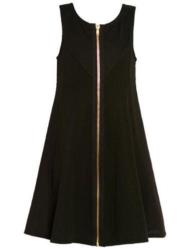 black dress with gold zipper in front