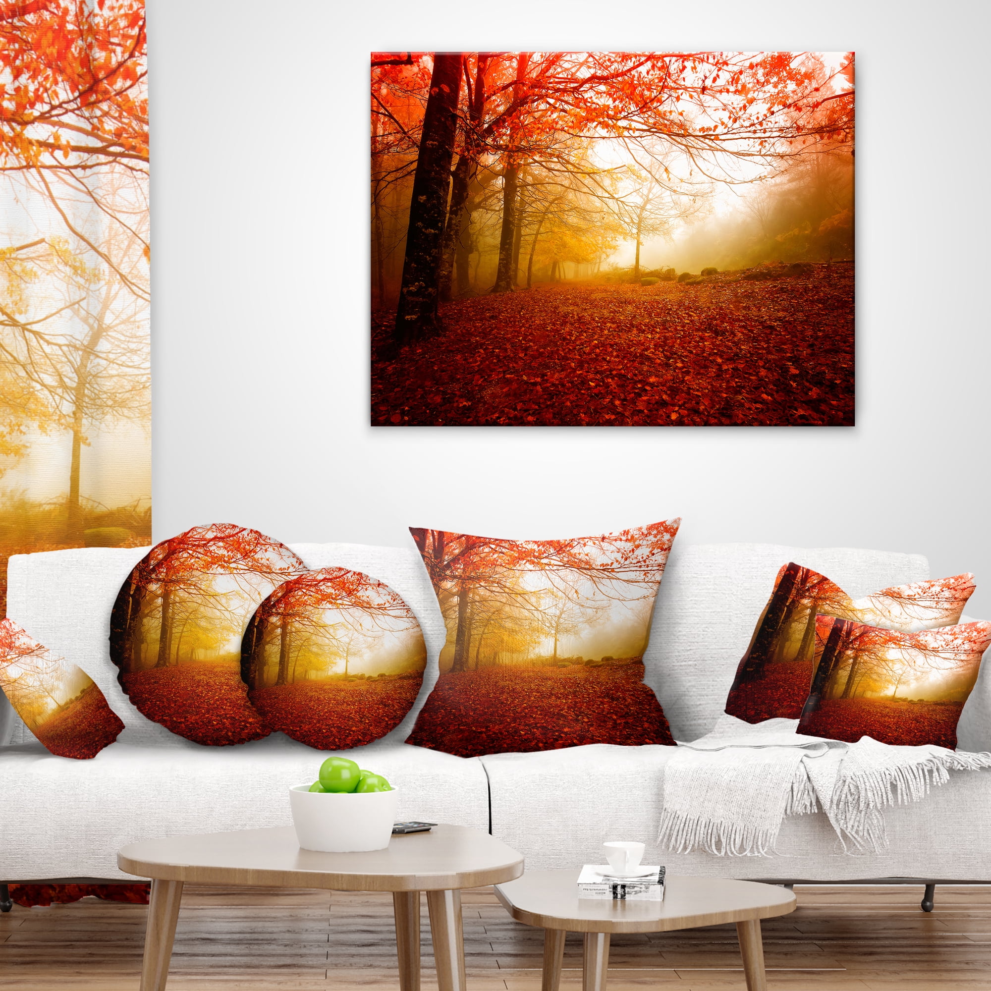 Designart Yellow Sun Rays in Red Forest - Landscape Photography Throw Pillow - 16x16