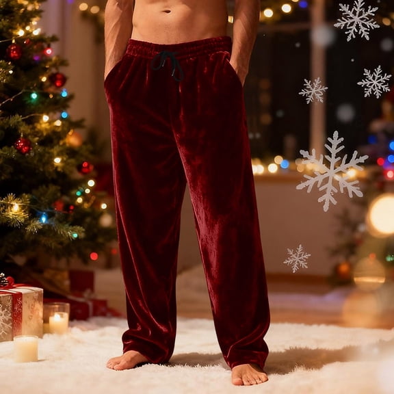 Xcmzpl Mens Fuzzy Fleece Lounge Pants Fall Winter Flannel Warm Straight Wide Leg Trousers Solid Elastic Waist Plush Bottoms with Pocket S-3XL