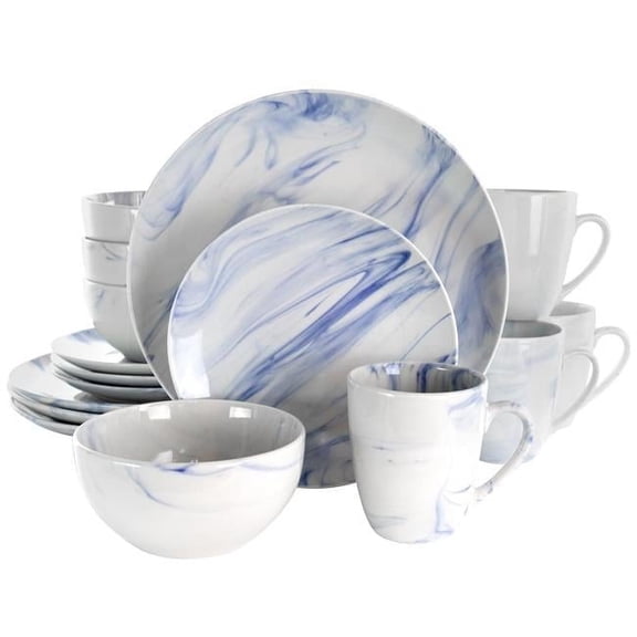 16 Piece Fine Marble Stoneware Dinnerware Set, Blue & White