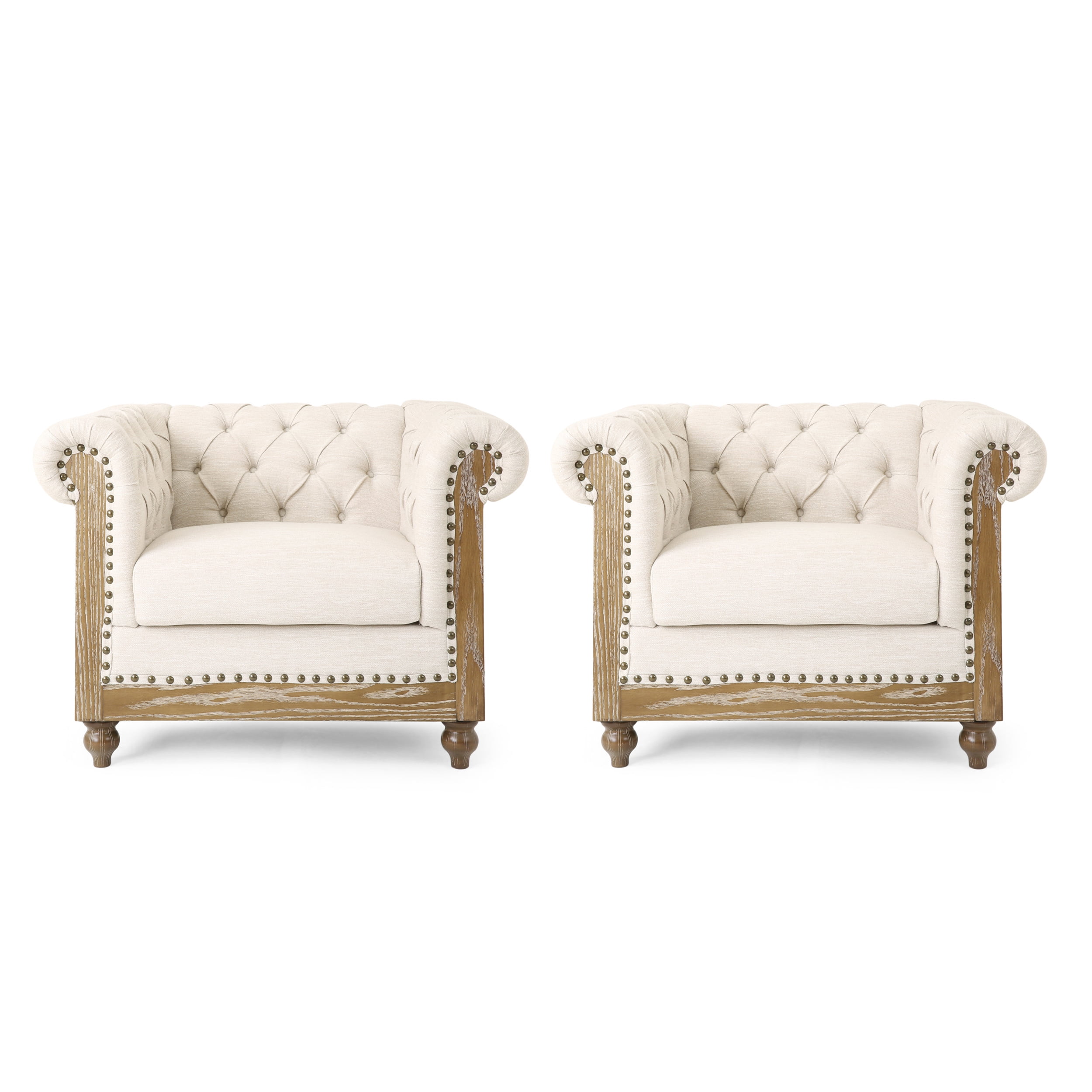 Noble House Petes Fabric Chesterfield Tufted Club Chairs, Set of 2, Beige and Dark Brown