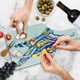 thumbnail image 4 of Starfish Cutting Board, Cartoon Styled Starfish with Summer Season Vacation Accessories Striped Backdrop, Tempered Glass Cutting and Serving Board, Wine Bottle Shape, Multicolor, by Ambesonne, 4 of 5