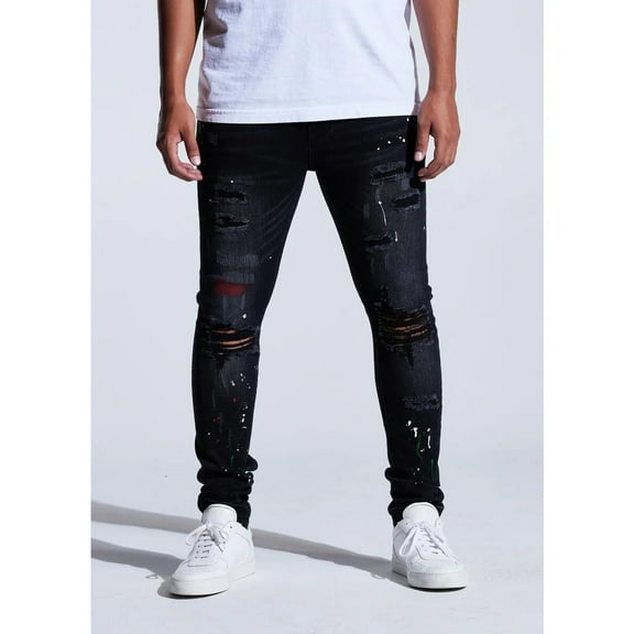 Crysp Denim Men's Distressed Rip & Repair Paint Splatter Skinny Fit Black Jeans (42, Black Wash)