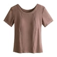 thumbnail image 3 of Chuancc Women Built-in Bra T Shirt Top Short Sleeve Crew Neck Basic Tees Casual Ribbed Knit Fitted Going Out Tops Coffee L, 3 of 9