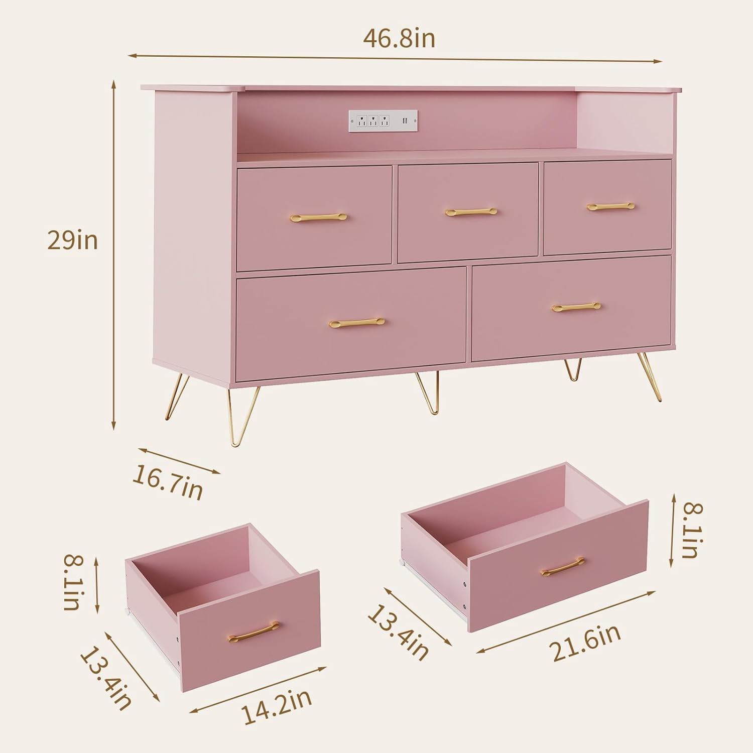 5 Drawer Dresser for Bedroom, 47 in Modern Wooden Dresser with LED Lights & Charging Station, Wide Chest of Drawers Storage Organizer for Nursery Hallway Apartments, Pink