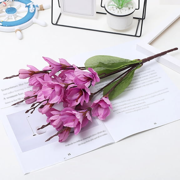 Artificial Magnolia Flowers Bouquet, with 17'' Long Stem, Realistic Silk Flower Bouquet for Home Table Centerpiece, Wedding Decor, Purple