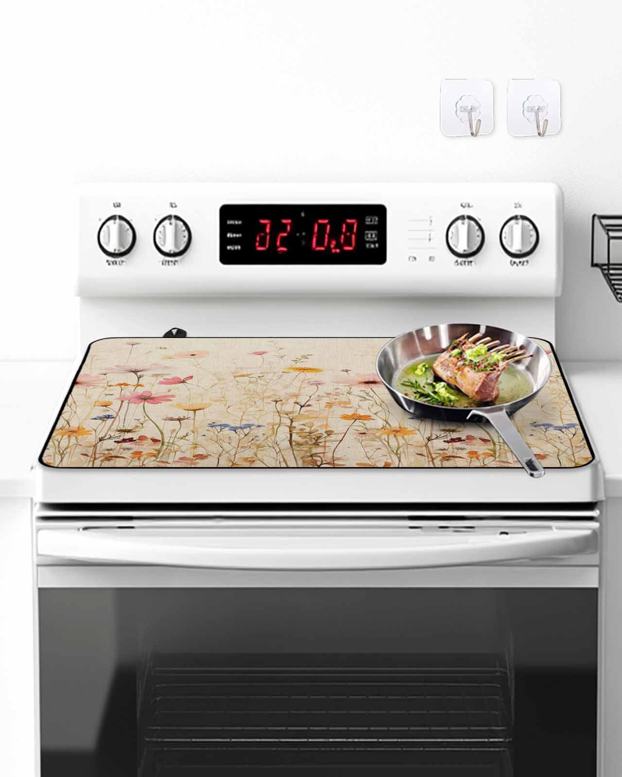 Stove Top Covers for Electric Stove, Pastoral Vintage Botanical Glass Stovetop Cover Protector, Spring Summer Floral Induction Cooktop Protector Oven Mat for Kitchen Countertop 24"x21"