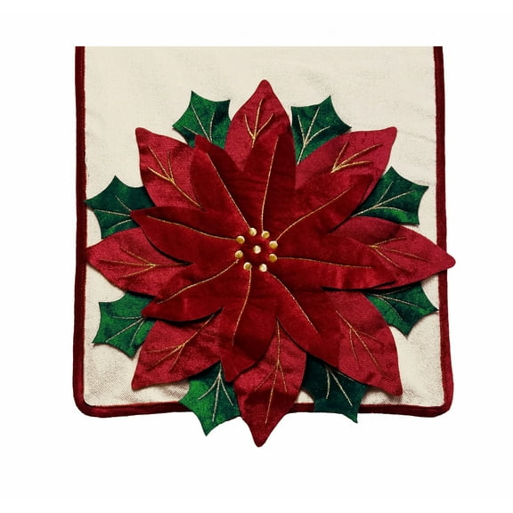 Winter Wonder Lane Embroidered Appliqued Poinsettia Fabric Table Runner with Metallic Threads for Christmas 13 x 72